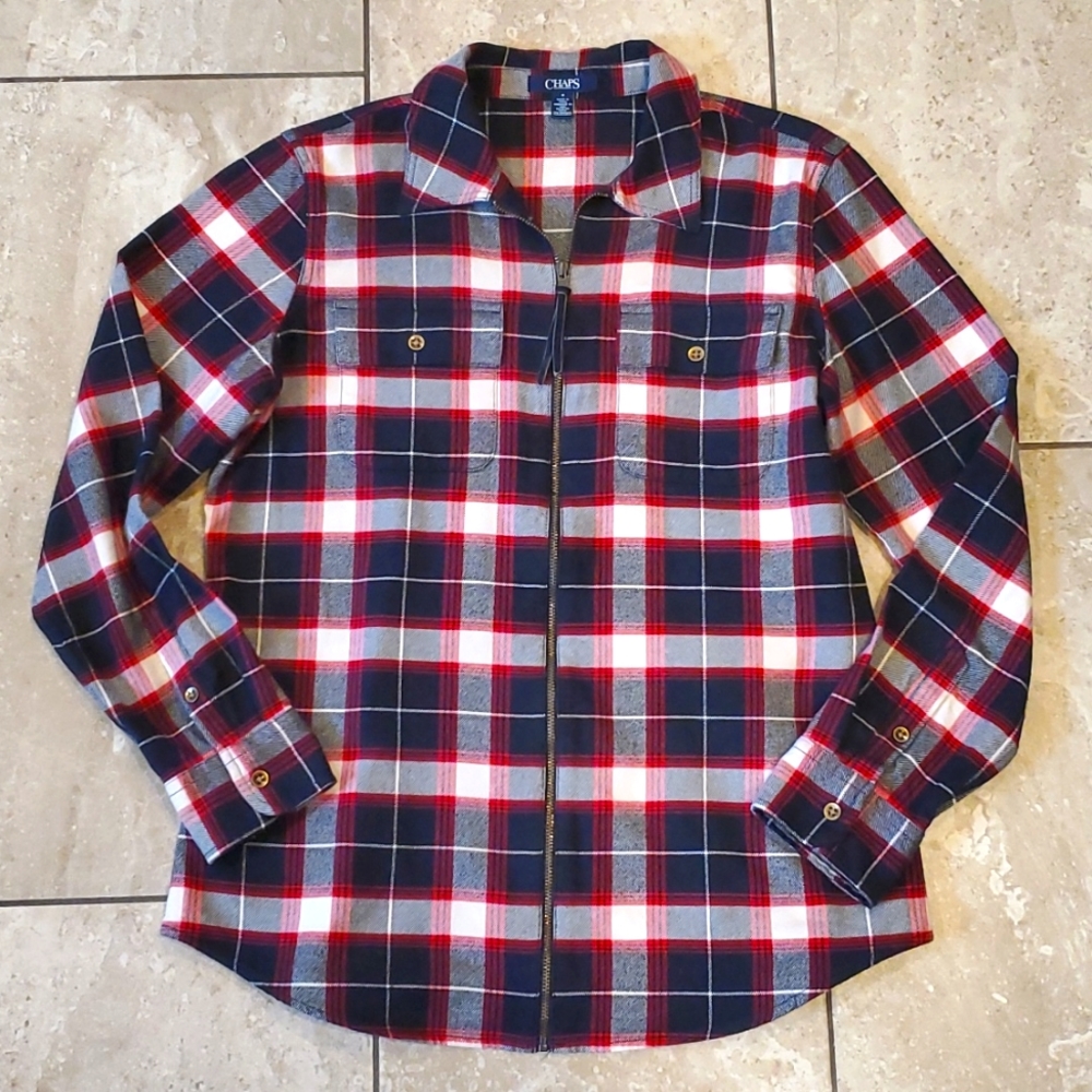 3/$15 Chaps zip up flannel shirt long sleeve plaid breast pockets